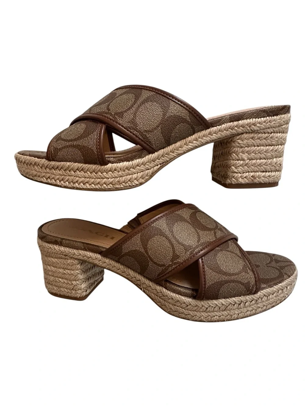 Coach Sloan Signature Espadrille Brown Canvas Crisscross Slide Mules, 8.5B